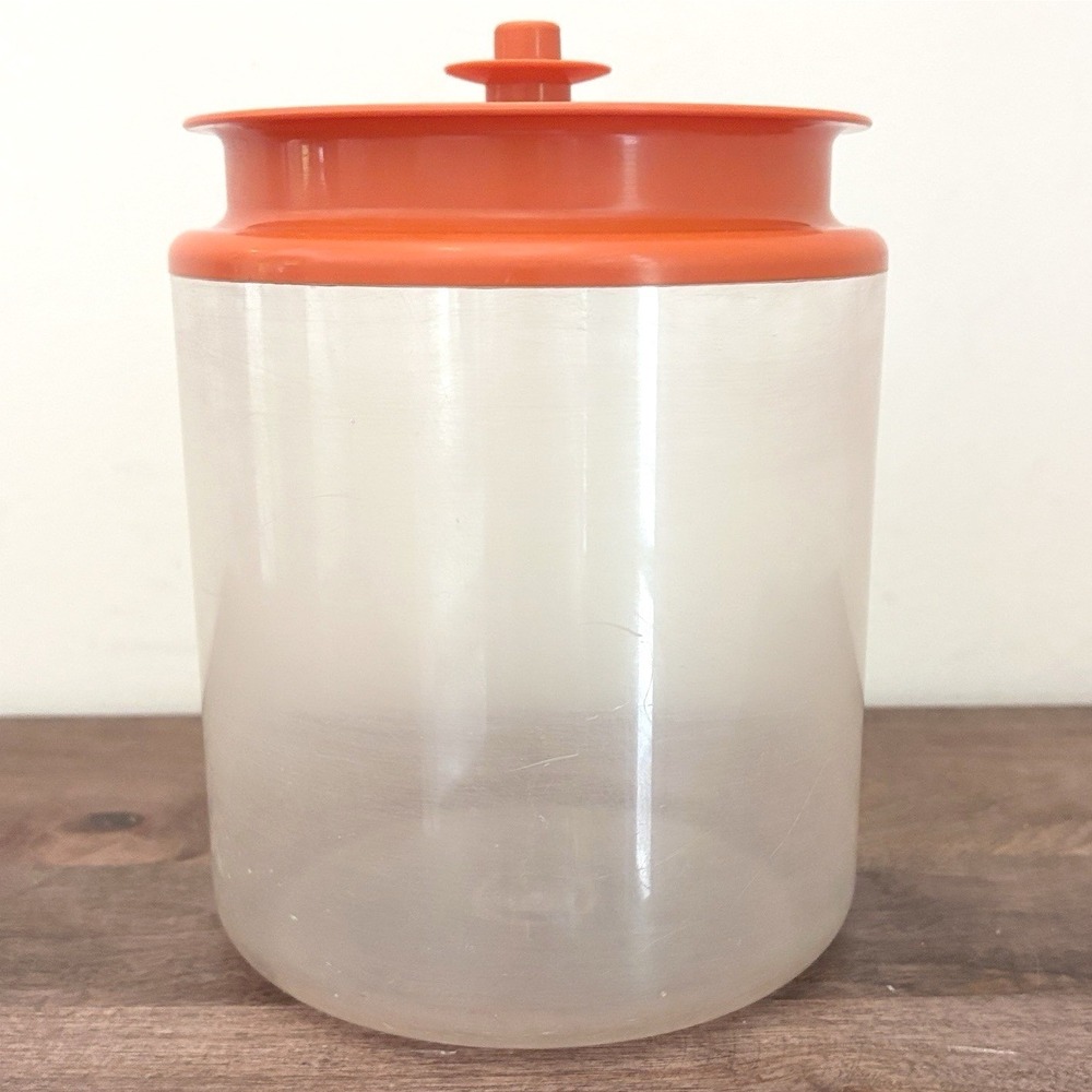 Vintage Tupperware Canister Clear Acrylic Orange Push Top w/ Lid 1484 13 1/2 Cup